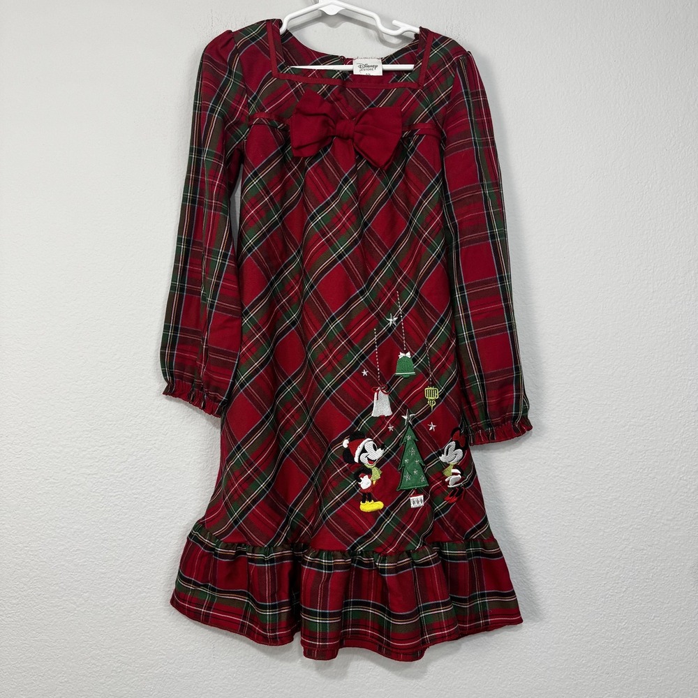 Disney Store Dress Girls 5/6 Red Green Plaid Mickey Minnie Christmas Bow Ruffle